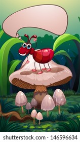 Illustration of an ant with an empty callout standing above a mushroom