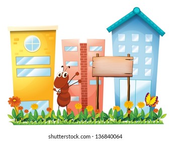 Illustration of an ant in the garden with a wooden signboard on a white background