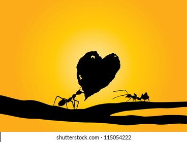 Illustration of ant giving heart leaf to lover silhouette sunrise