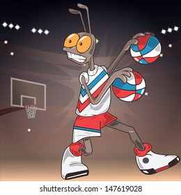 Illustration of ant playing basketball on a basketball court