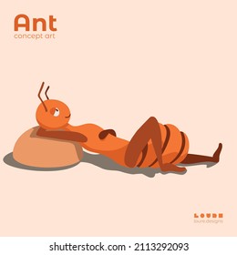 Illustration of an ant resting, laying on the ground, chilling, relaxing