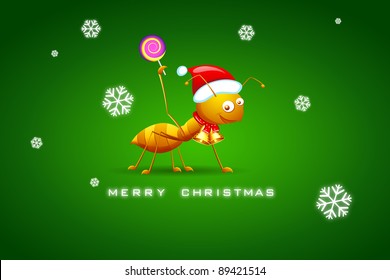 illustration  of ant with santa cap on christmas background