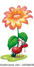 Illustration of an ant waving under the flower on a white background