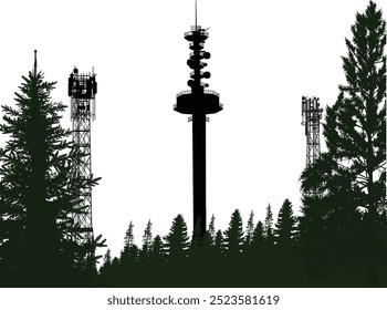 ilustração com silhueta de antena na floresta escura