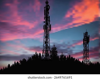 illustration with antenna tower silhouette in black forest at pink sky background