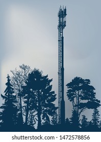 illustration with antenna tower silhouette in forest on grey background