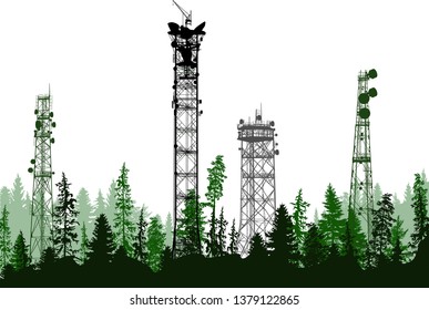 illustration with antenna tower silhouette in green forest isolated on white background