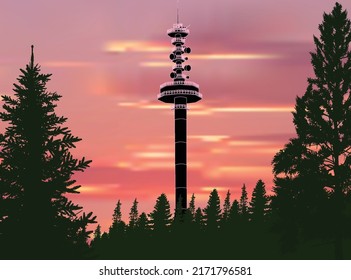 illustration with antenna tower silhouette in green forest at pink sky background
