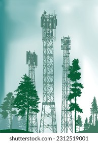 illustration with antenna tower silhouettes in forest on cyan background