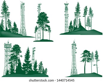 illustration with antenna tower silhouettes in green forest isolated on white background