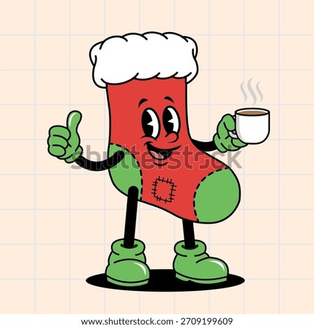An illustration of an anthropomorphic Christmas stocking. The stocking is colored red and green, with a fluffy white cuff and a stitched patch detail, bringing a charming, homespun touch