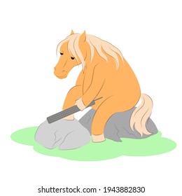 Illustration of anthropomorphic horse files its own hoof with a rasp. Sawing hooves with a rasp. Cleaning  horse's hooves. Isolated on white, cartoon,vector.