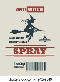 Illustration of anti witches spray label. Flying witch silhouette