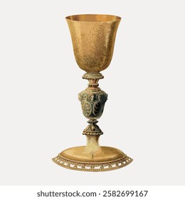 Illustration of an antique golden chalice with intricate detailing on the stem and base, set against a plain background. Elegant and vintage chalice design. Vintage home decor illustration vector.