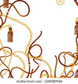 illustration of antique ornamental golden chain and leather belt on ornate background