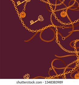 illustration of antique ornamental golden chain and leather belt on ornate background