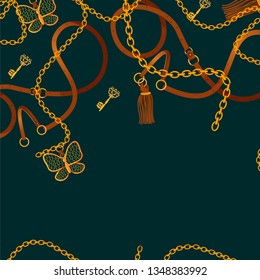 illustration of antique ornamental golden chain and leather belt on ornate background