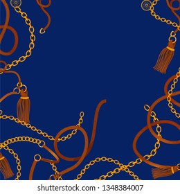 illustration of antique ornamental golden chain and leather belt on ornate background