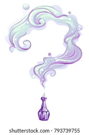 Illustration of an Antique Purple Bottle with Smoke Coming Out Forming a Question Mark