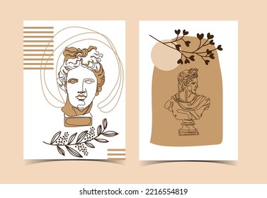 Illustration with Antique Statue, Geometric Shapes and Vases in a Minimal Trendy Style.Greek Sculpture.