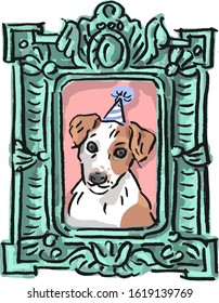 Illustration with antique, vintage, baroque wooden picture frame with character comix illustration dog