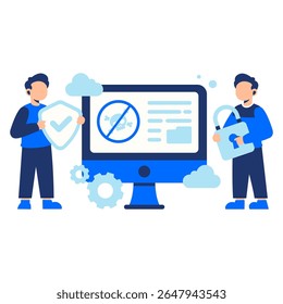 Una ilustración de antivirus que protege un equipo de escritorio del malware, mostrando seguridad digital, privacidad y herramientas de ciberseguridad modernas.