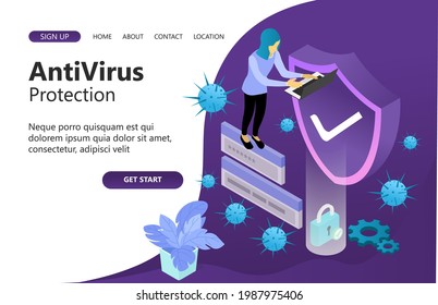 Illustration of antivirus protection, a programmer works in front of his laptop, many viruses attack and he has anticipated it. isometric vector illustration design concept.
