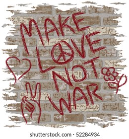 Illustration of anti-war graffiti on a brick wall.