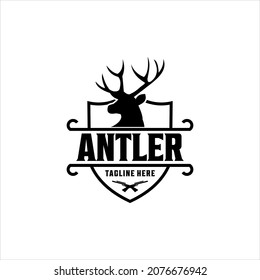 illustration antler logo deer design vector graphic icon mascot animal horn hunt wild shield classic vintage retro stag buck
