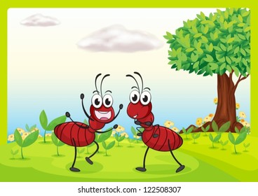 Illustration of ants in a beautiful nature