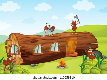 Illustration Of Ants And Beautiful Wooden House