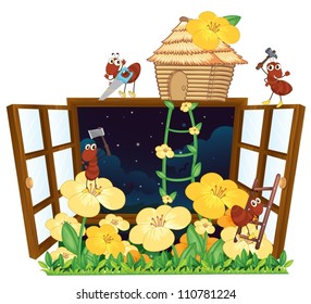 Illustration Of Ants, Bird House And Window On White