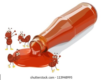 illustration of ants and sauce on a white background