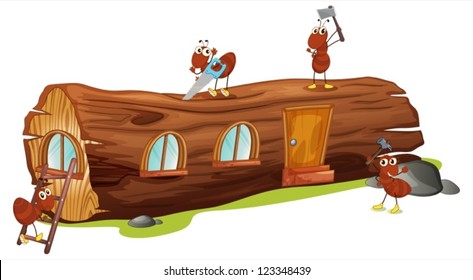 Illustration of ants and a wood house on a white background