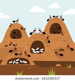 Illustration of ants working inside and around anthills with visible tunnels and larvae. Educational flat design showing ant colony life and underground nest structure