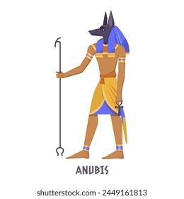 Illustration of Anubis, the Egyptian god, in a colorful style, standing on a plain background, depicting mythology. Vector illustration