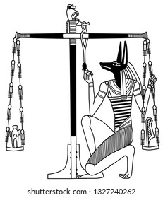 An illustration of Anubis' judgment depicted in ancient Egypt, the book of the dead. Black and white.