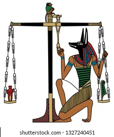 An illustration of Anubis' judgment depicted in ancient Egypt, the book of the dead.