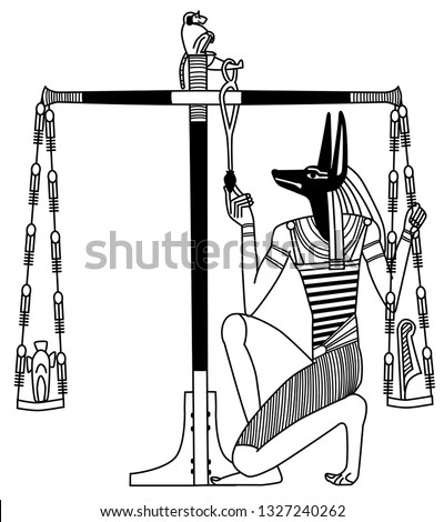 An illustration of Anubis' judgment depicted in ancient Egypt, the book of the dead. Black and white.