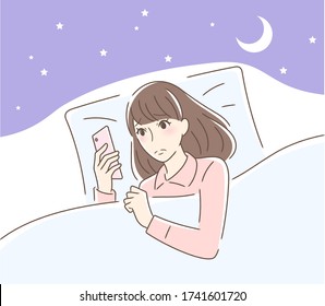 Illustration of anxious woman looking at a smartphone in bed