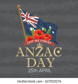 Illustration Anzac Day on a background of a flag and poppy flowers
