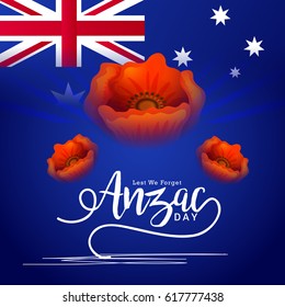 illustration Of Anzac Day With Poppy Flower Background.