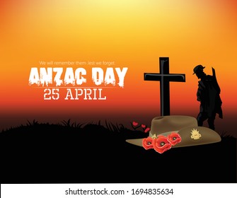 Illustration of Anzac Day Silhouette  of soldiers fighting in battle filed with a soldier blowing horn as a background and with poppies  flowers