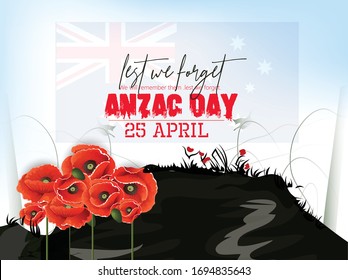 Illustration of Anzac Day Silhouette  of soldiers fighting in battle filed with a soldier blowing horn as a background and with poppies  flowers