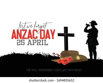 Illustration of Anzac Day Silhouette  of soldiers fighting in battle filed with a soldier blowing horn as a background and with poppies  flowers