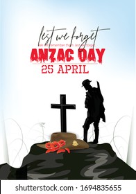 Illustration of Anzac Day Silhouette  of soldiers fighting in battle filed with a soldier blowing horn as a background and with poppies  flowers