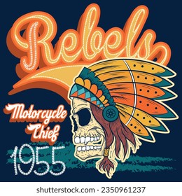 Illustration Apache American Indian Skull Hell Tattoo Artwork with text rebels motorcycle Original Since 1955 Cool Colors embroidered