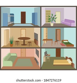 Illustration Of An Apartment Building In The Section. Front View Of Six Adjacent Rooms. Three Floors Are Presented.