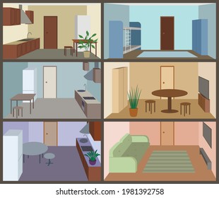 Illustration of an apartment building in the section. Front view of six adjacent rooms. Three floors are presented.