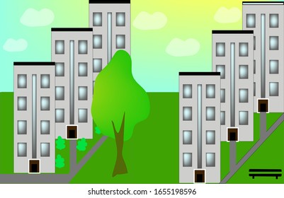 illustration of apartment buildings in two rows, green meadow, trees and bushes, bench